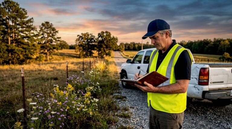 Insurance adjuster examining rural accident site