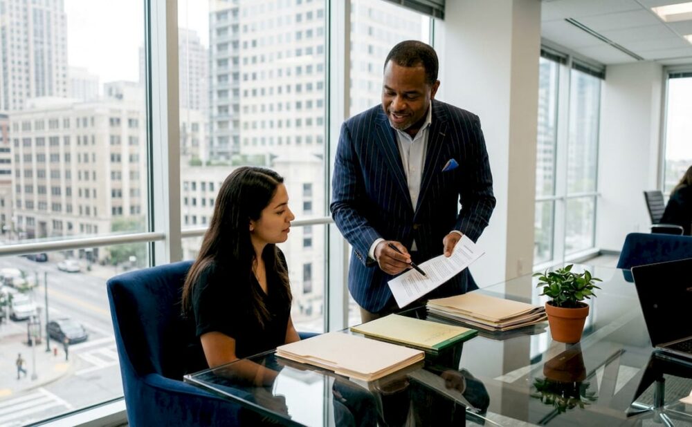 Attorney consulting client on contingency fees