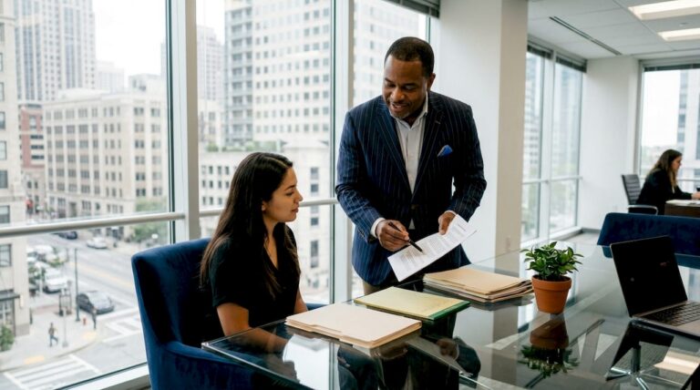 Attorney consulting client on contingency fees