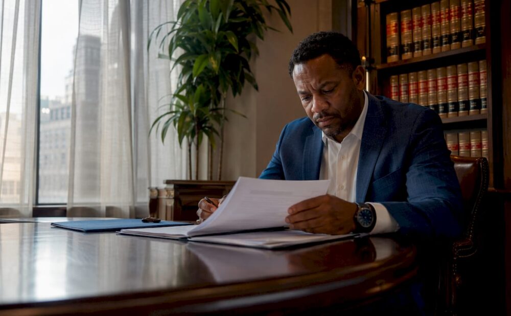 Man reviewing injury settlement documents in office