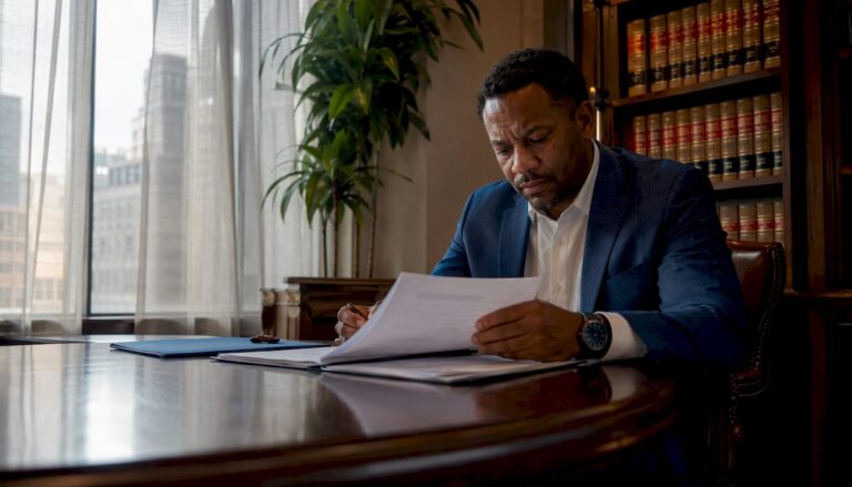 Man reviewing injury settlement documents in office