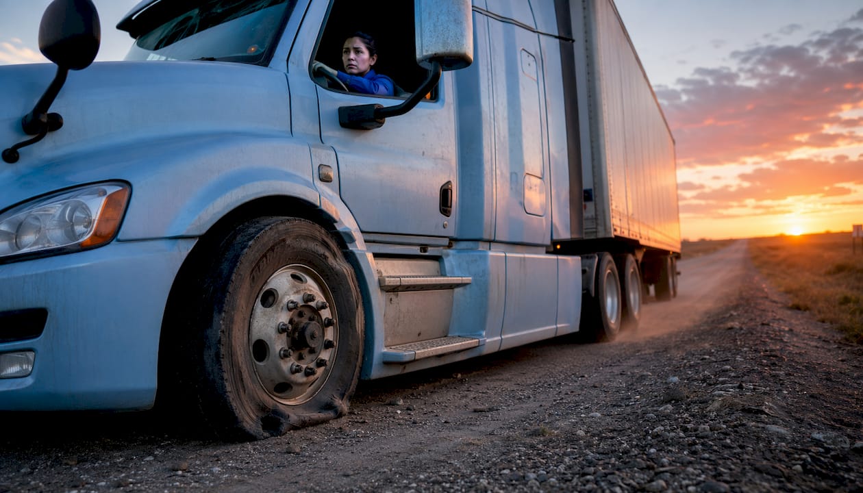 Truck making turn with front tire blowout