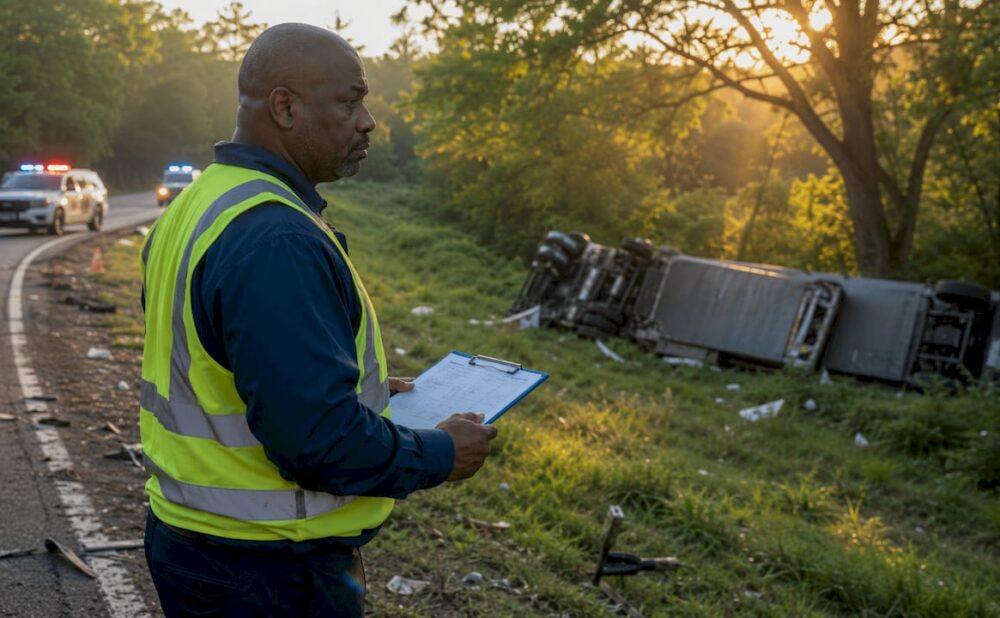 Safety investigator observing jackknife truck accident