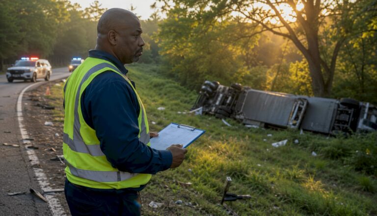 Safety investigator observing jackknife truck accident