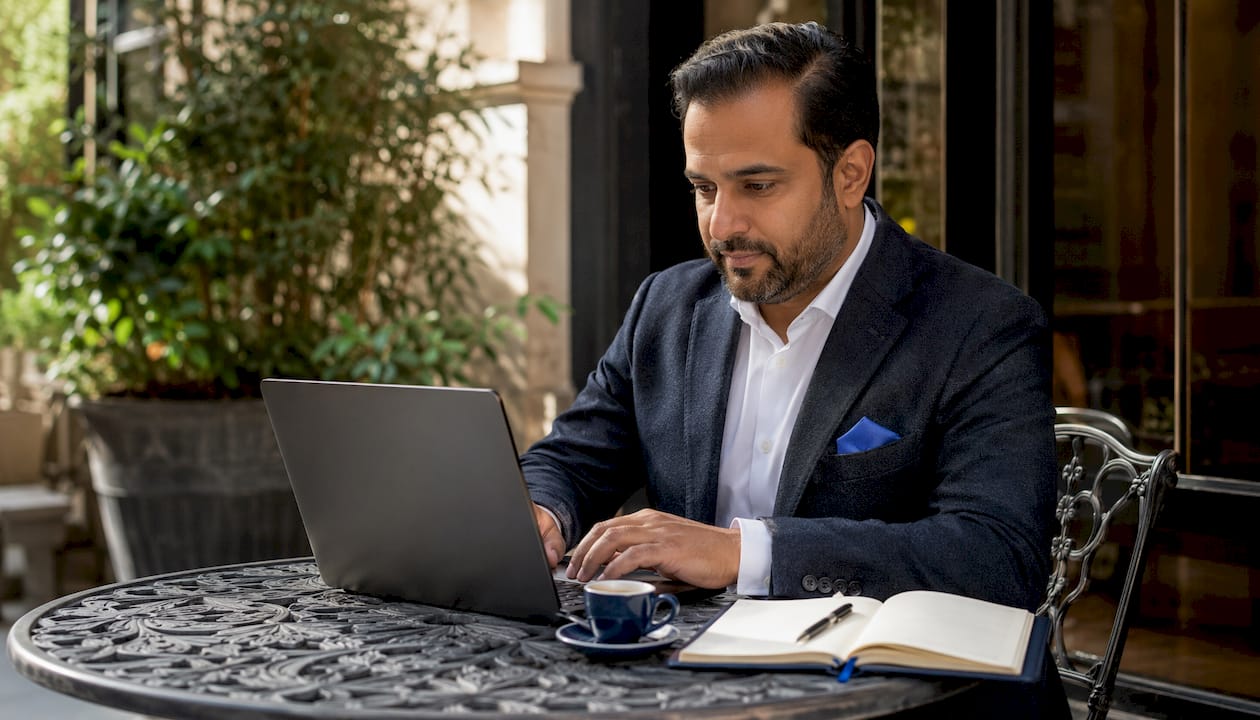 Side profile of lawyer typing on laptop in café
