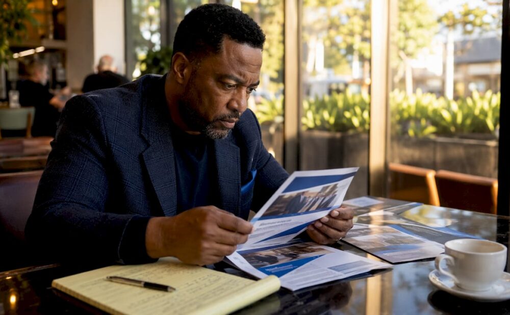 Man reviewing personal injury law brochures at desk