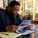 Man reviewing personal injury law brochures at desk