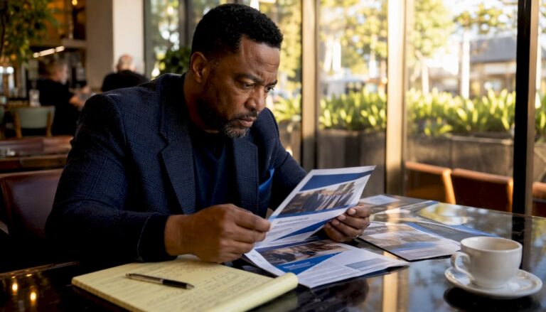 Man reviewing personal injury law brochures at desk