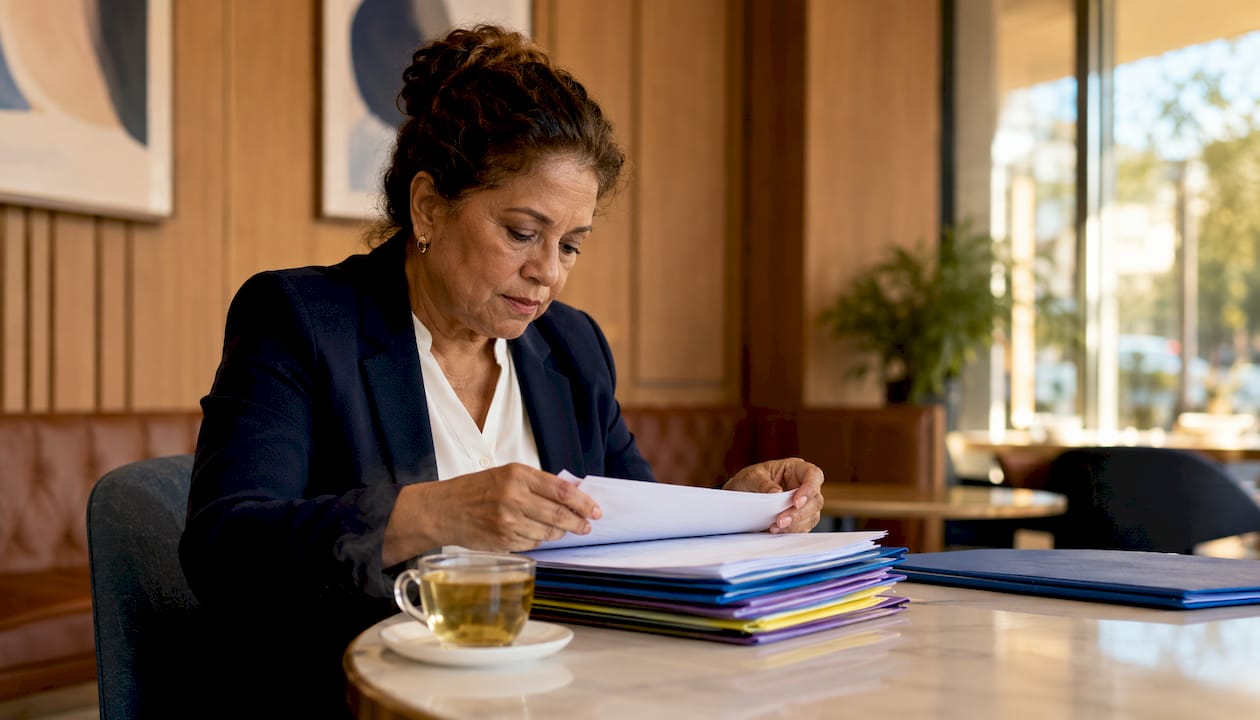 Legal assistant organizing malpractice case documents