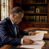 Lawyer reviewing court documents in office