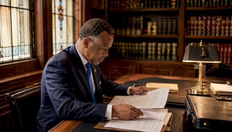 Lawyer reviewing court documents in office