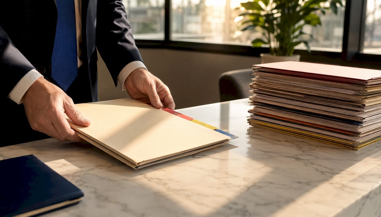 Hands organizing court case files on bench