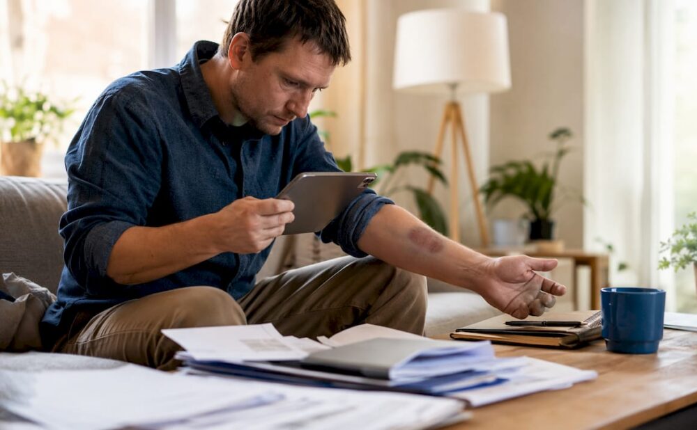 Man photographing medical injury at home table