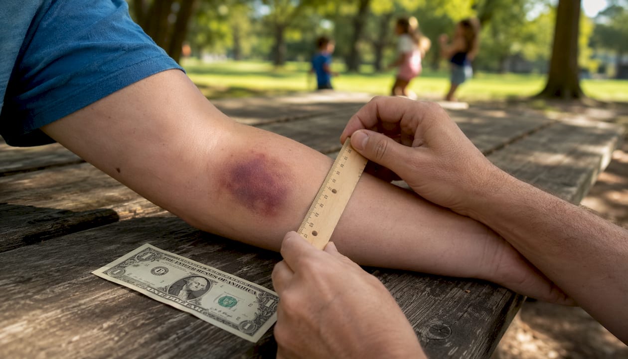 Close-up of injury with ruler and coin scale
