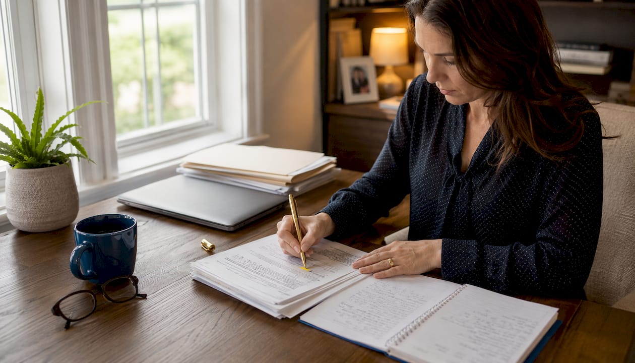 Overhead view of medical records on office desk