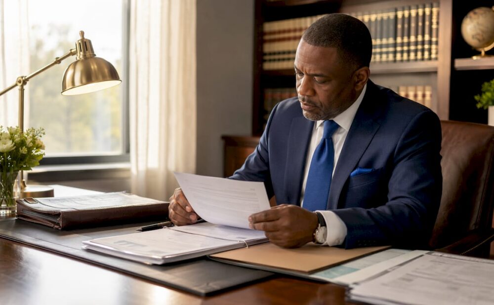 Lawyer reviewing slip and fall claim documents