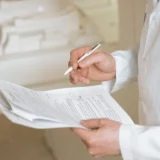 Attorney reviewing medical records with a client during a medical malpractice case evaluation.