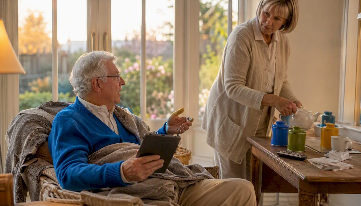 Elderly man and spouse in living room setting