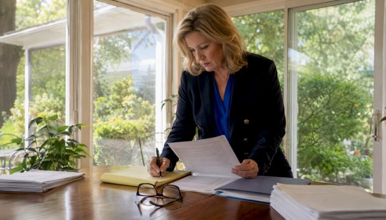Attorney reviewing statute documents at desk