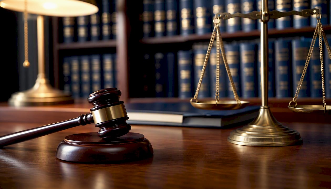 Legal scales and gavel on desk