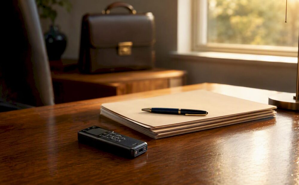 Law office desk with medical folders and recorder