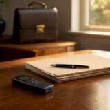 Law office desk with medical folders and recorder
