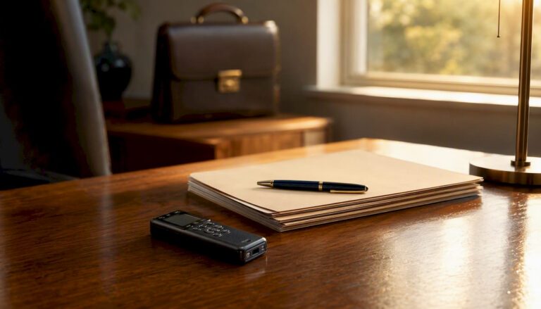 Law office desk with medical folders and recorder