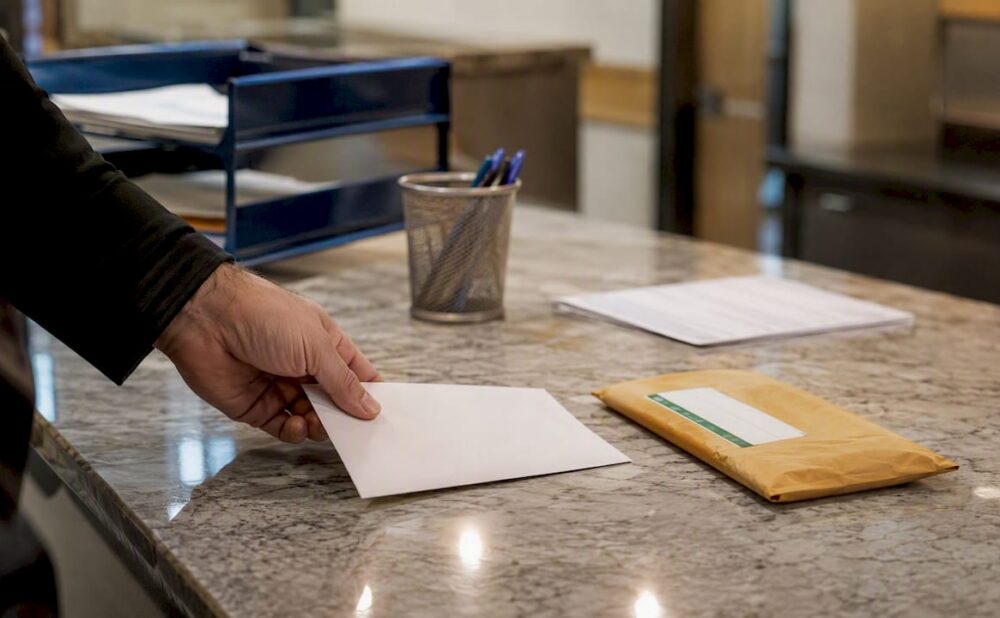 Hospital lien notice with certified mail on desk