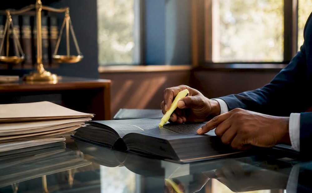 Hands pointing at legal book in law office