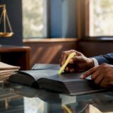 Hands pointing at legal book in law office