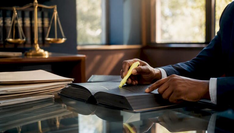 Hands pointing at legal book in law office