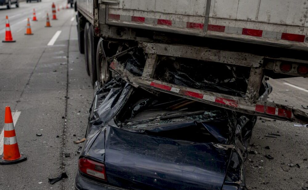 Damaged truck underride guard and crushed vehicle roof