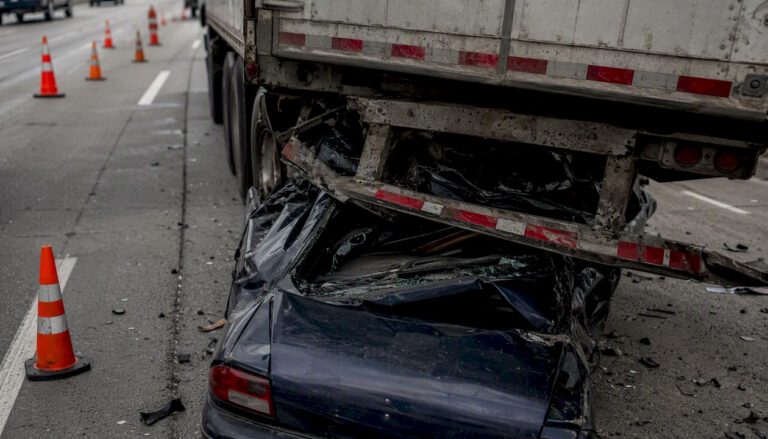 Damaged truck underride guard and crushed vehicle roof