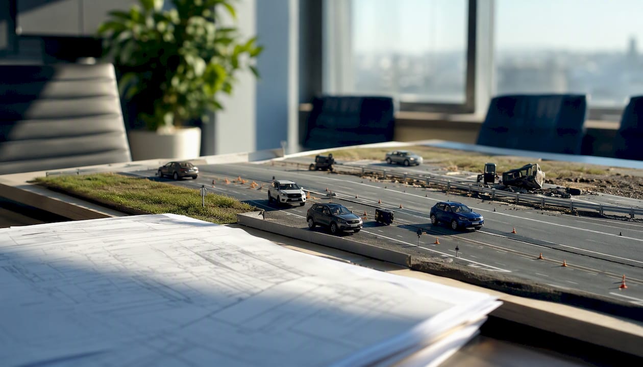 Accident reconstruction scale model on table