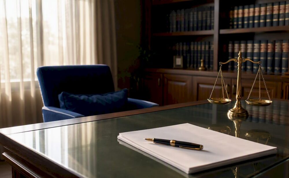 Law office desk with legal folders and empty papers