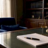 Law office desk with legal folders and empty papers