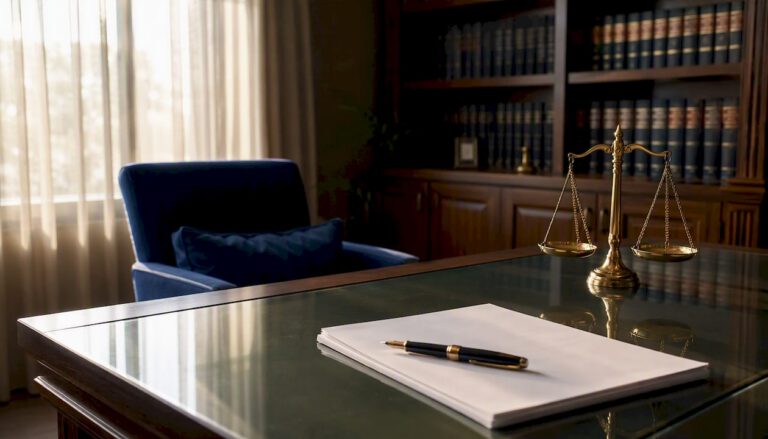 Law office desk with legal folders and empty papers