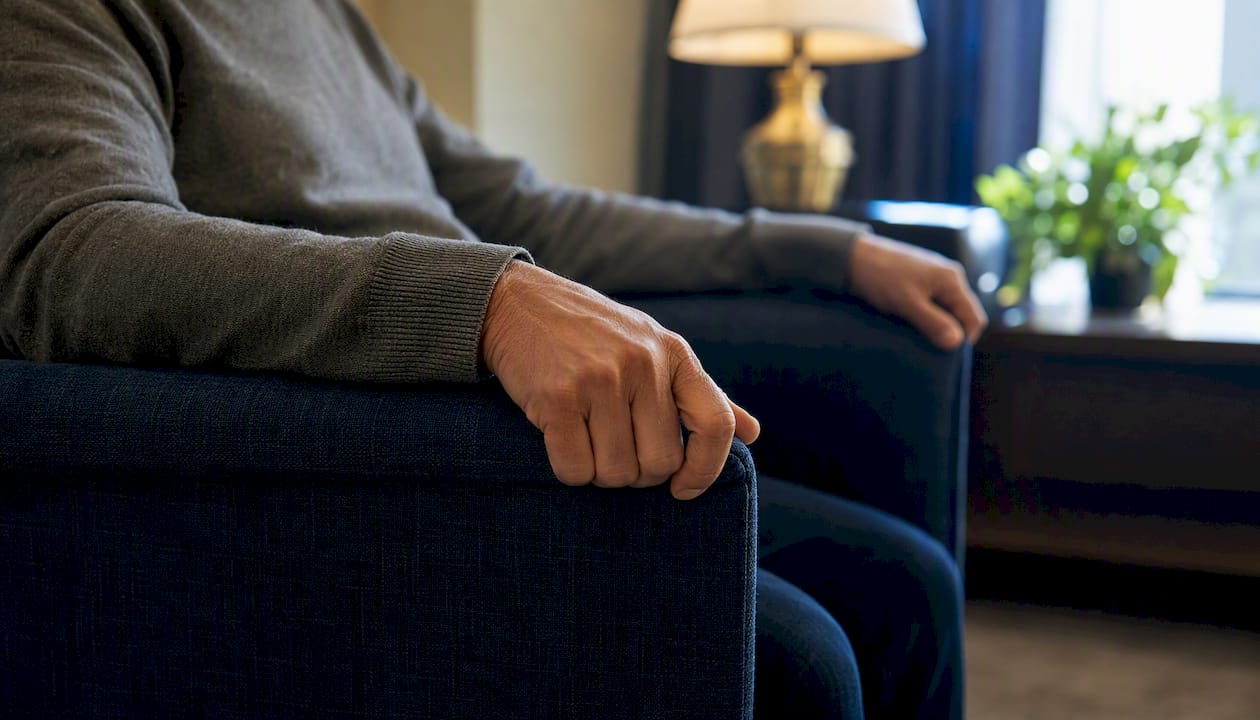 Worried hands gripping chair arms