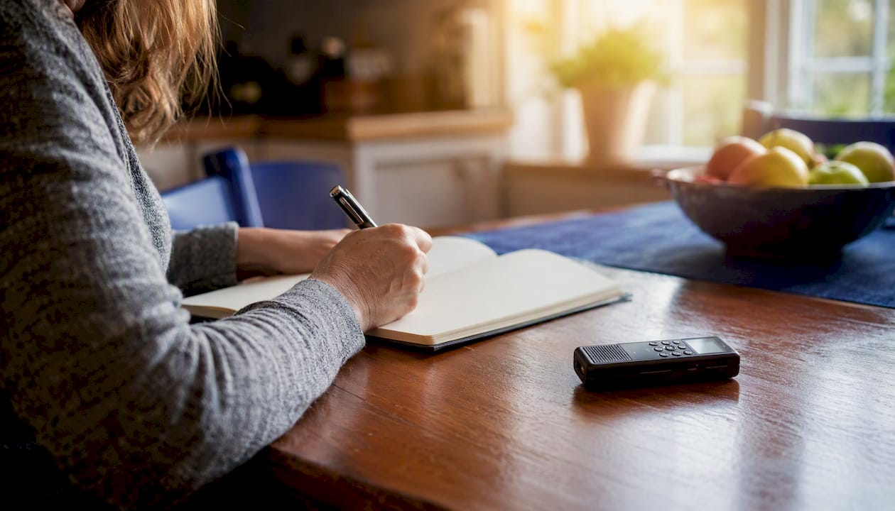 Hands writing symptom journal at home