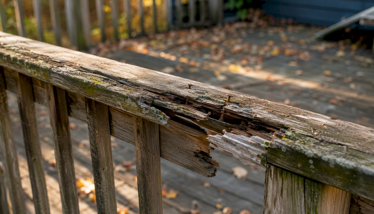 Broken wooden deck railing showing structural damage