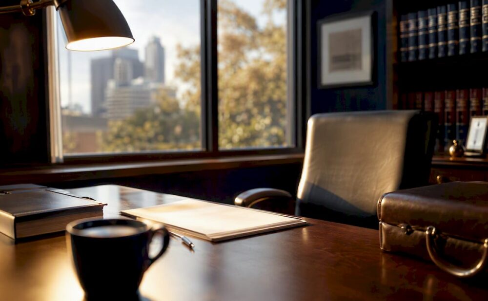 Personal injury law office workspace close-up