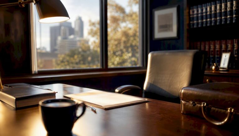 Personal injury law office workspace close-up