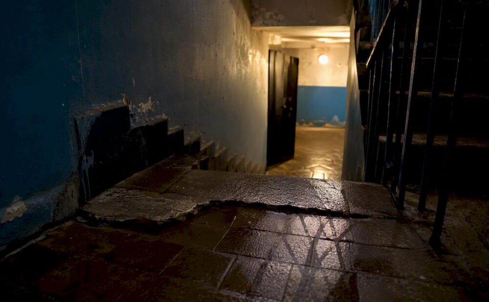 Apartment hallway wet floor hazard detail