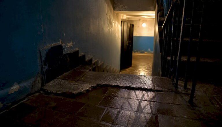 Apartment hallway wet floor hazard detail