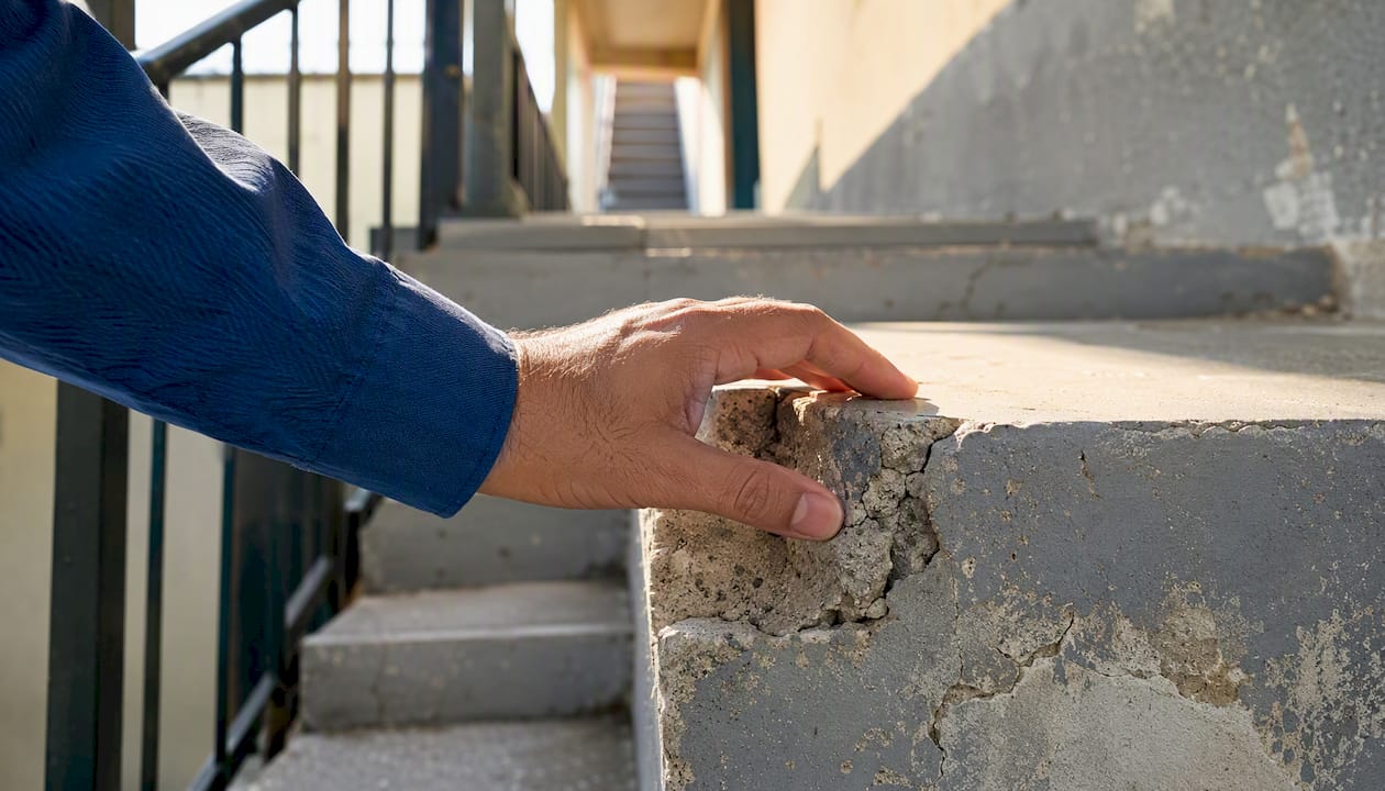 Tenant hand pointing at broken apartment stair