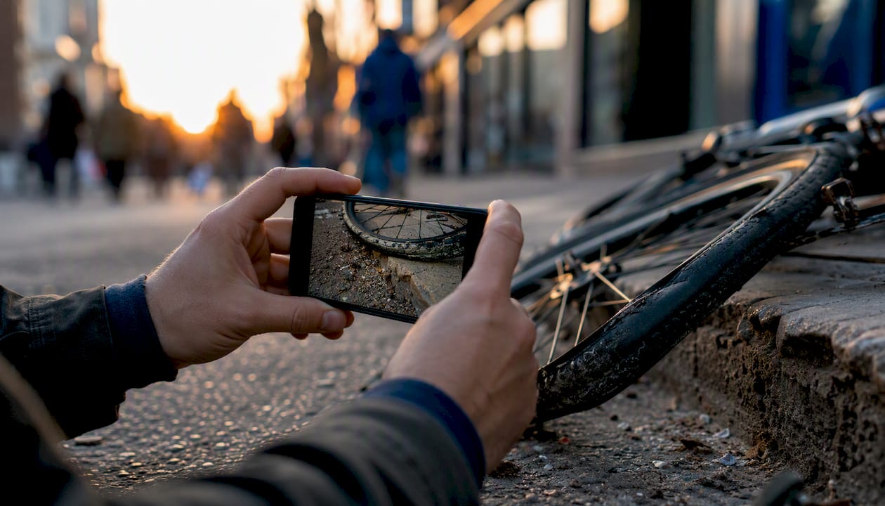 Hands photographing damaged bicycle tire with phone
