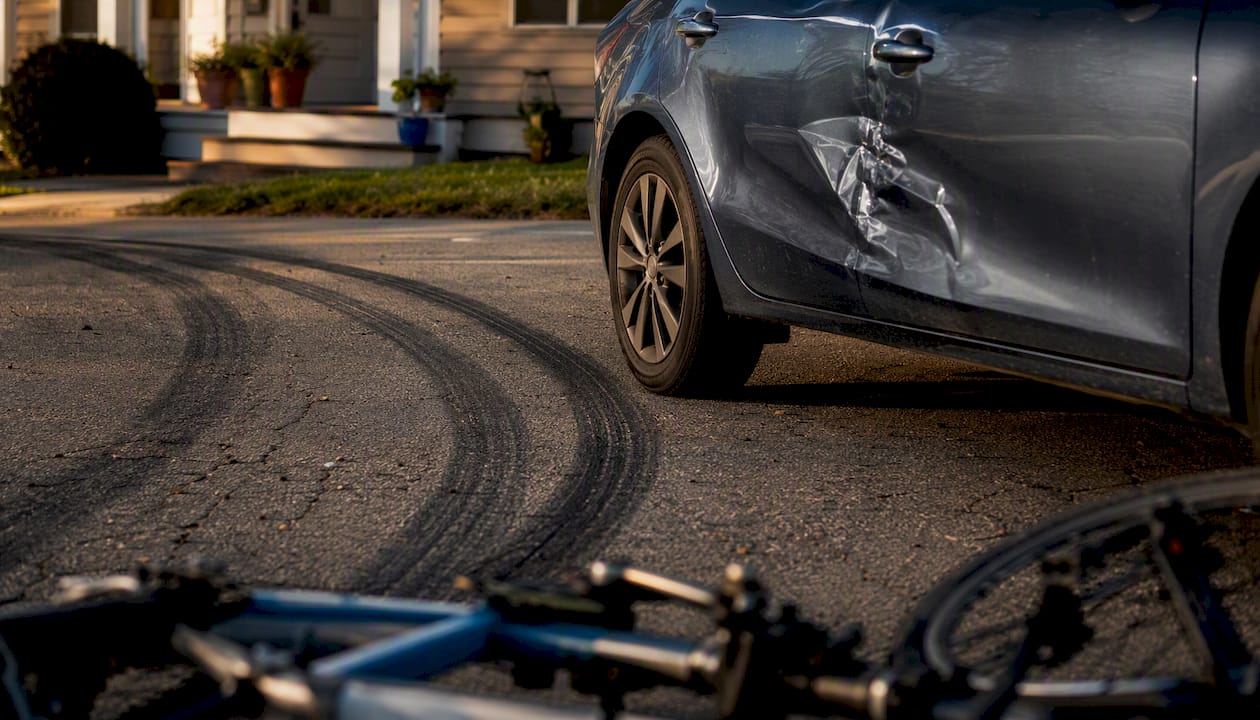 Skid marks and damaged car door after bike accident