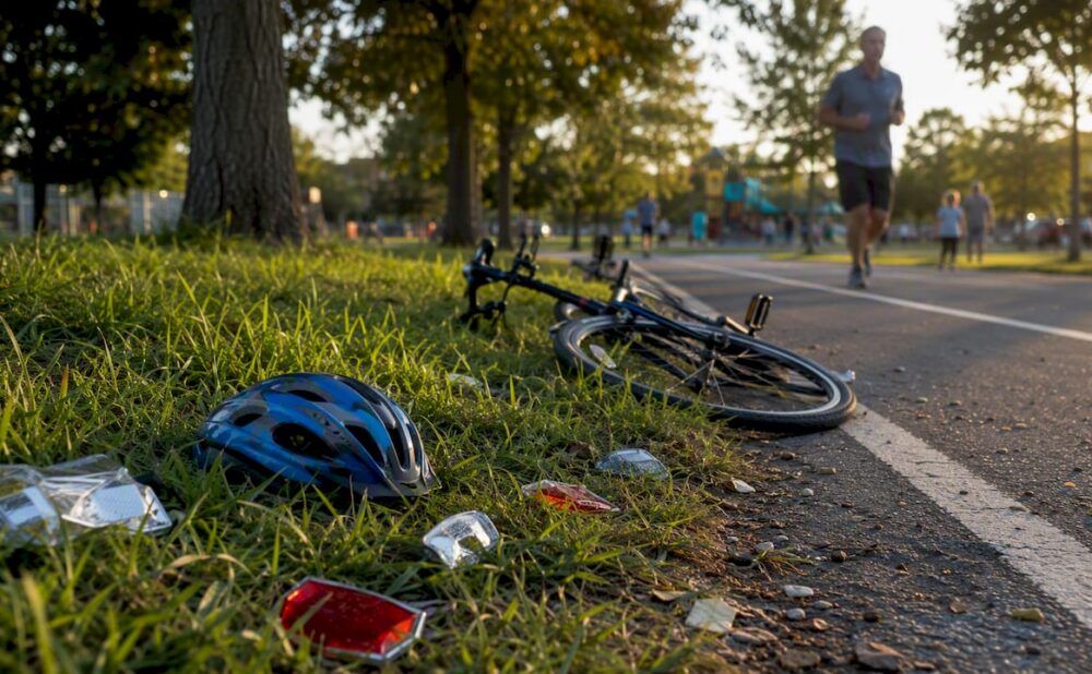 Street bike lane with accident debris and skid marks