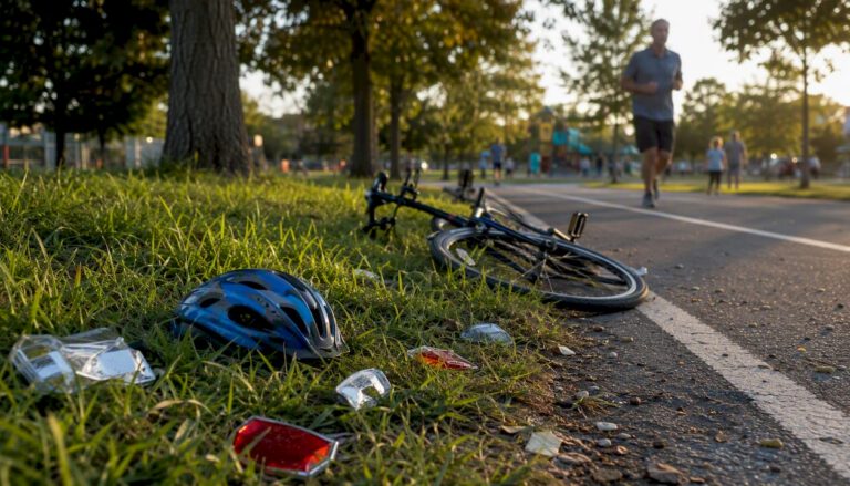 Street bike lane with accident debris and skid marks