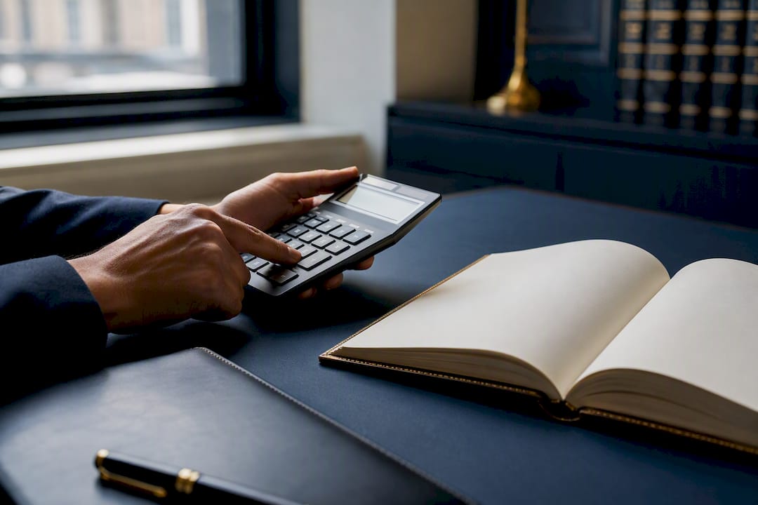 Hands using calculator with ledger on desk